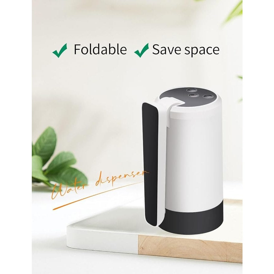 Foldable, automatic, water dispenser pump for universal 5 gallon water bottle with USB port.