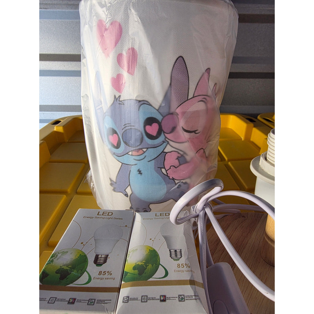 Stitch & Angel Cartoon Table Lamp with Wooden Base + LED Bulbs