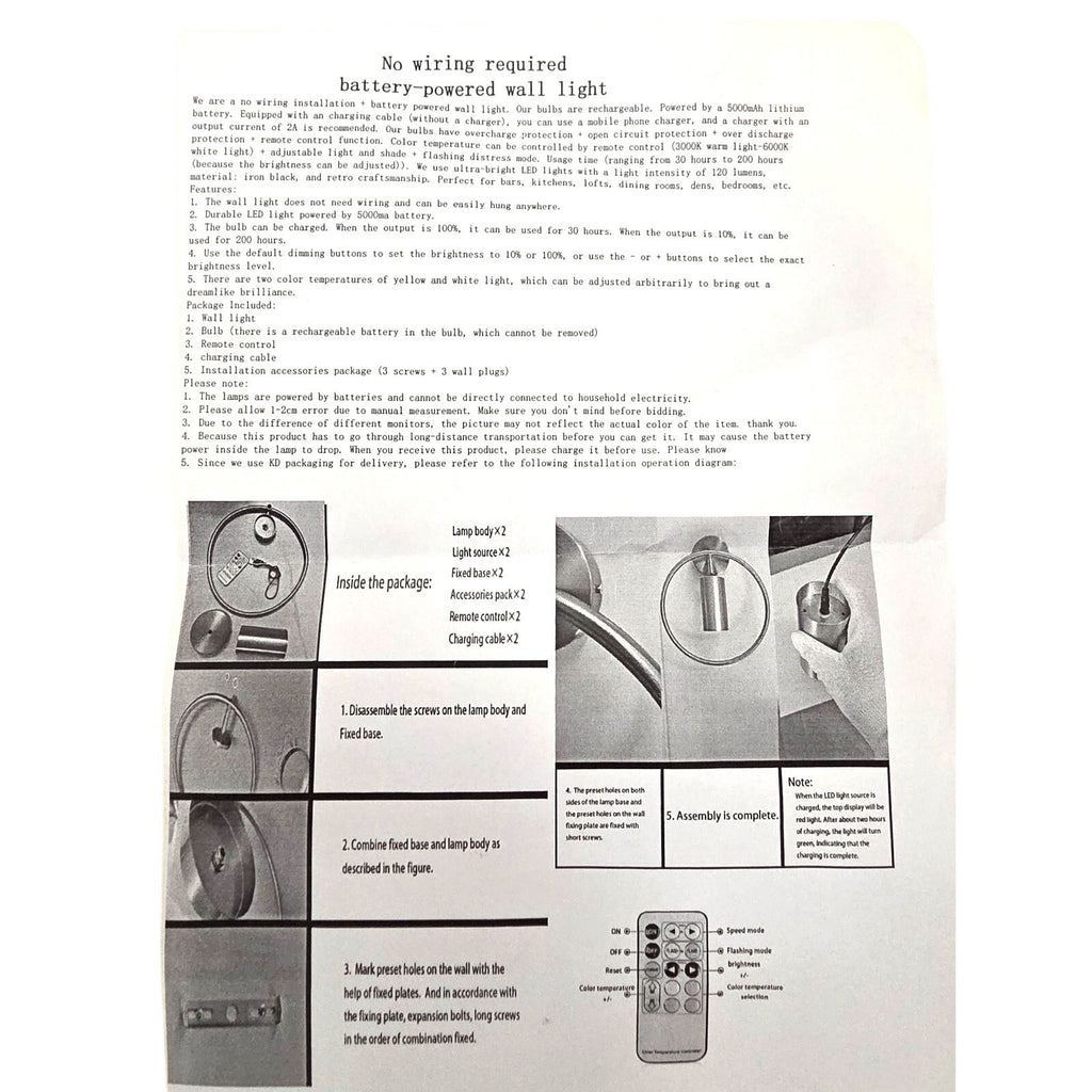 Battery-Powered Wall Light with Remote Control – Rechargeable 5000mAh LED