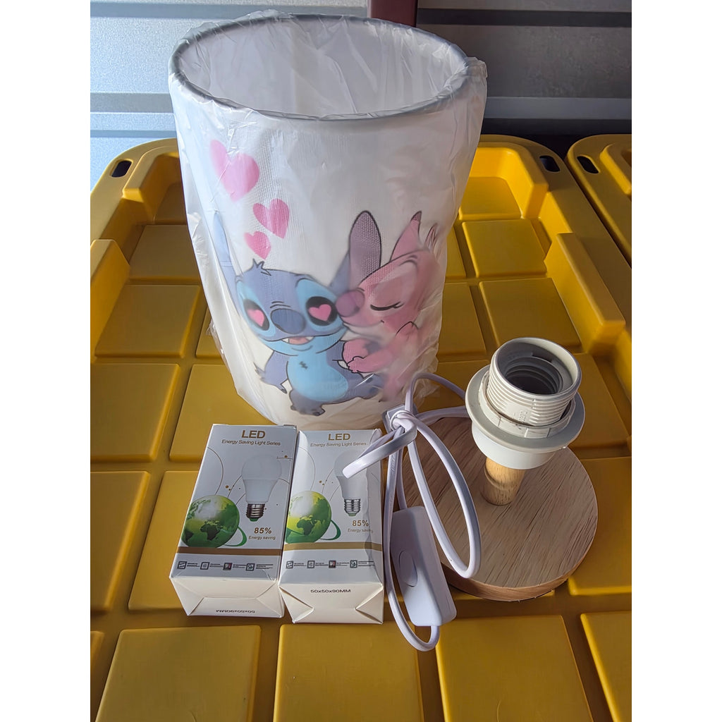 Stitch & Angel Cartoon Table Lamp with Wooden Base + LED Bulbs