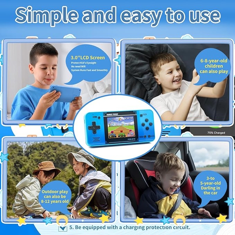 Handheld Game Console for Kids – 220 Preloaded Retro Video Games, Portable Gaming Player with 3.0" LCD Screen & Rechargeable Battery, Mini Arcade Electronic Toy Gift (Blue)