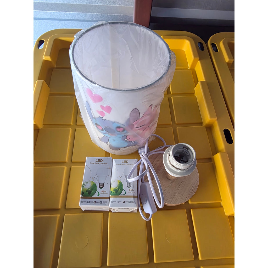 Stitch & Angel Cartoon Table Lamp with Wooden Base + LED Bulbs