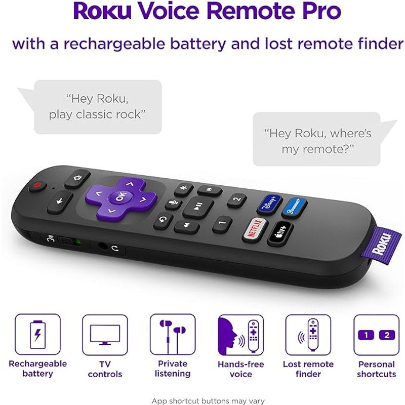 Roku Voice Remote Pro – Rechargeable Battery, Voice Control, Lost Remote Finder