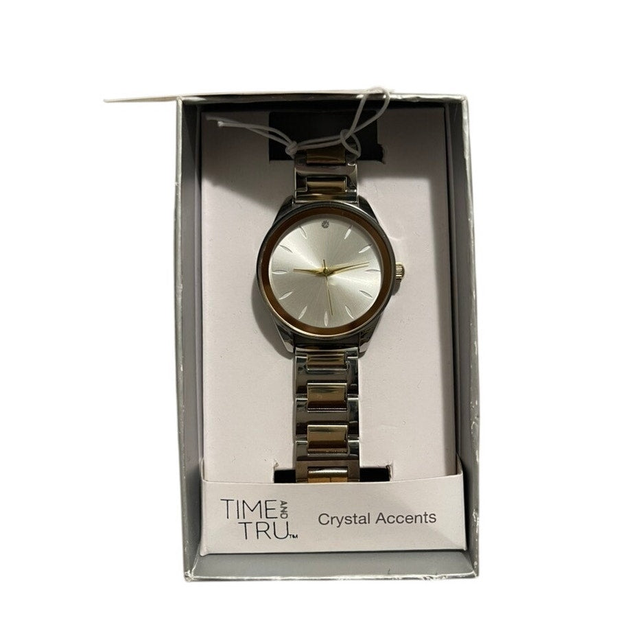 Time and Tru Women's Two Tone Gold Metallized Bezel Bracelet Wristwatch, 34mm