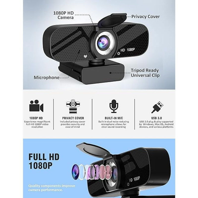 1080P HD Webcam with Built-in Microphone & Privacy Cover – USB Plug & Play