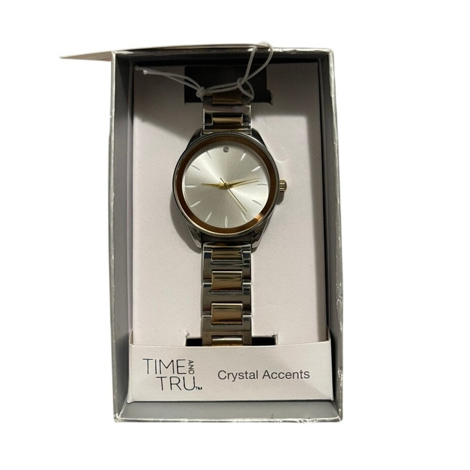 Time and Tru Women's Two Tone Gold Metallized Bezel Bracelet Wristwatch, 34mm