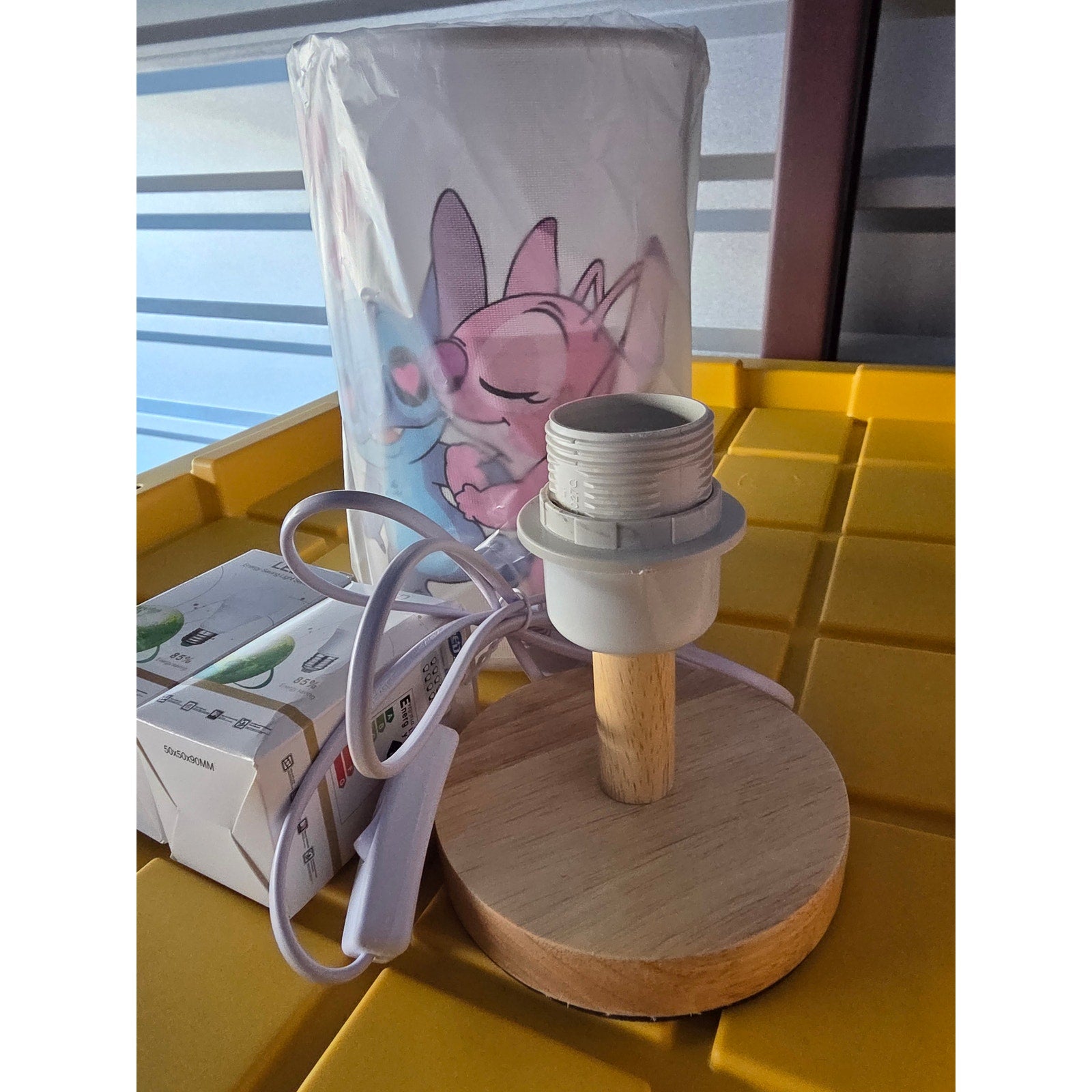 Stitch & Angel Cartoon Table Lamp with Wooden Base + LED Bulbs
