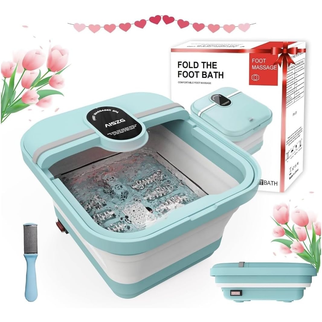 Foldable Foot Bath Massager with Heat, Bubbles & Massage Rollers – Portable Spa Pedicure Tub