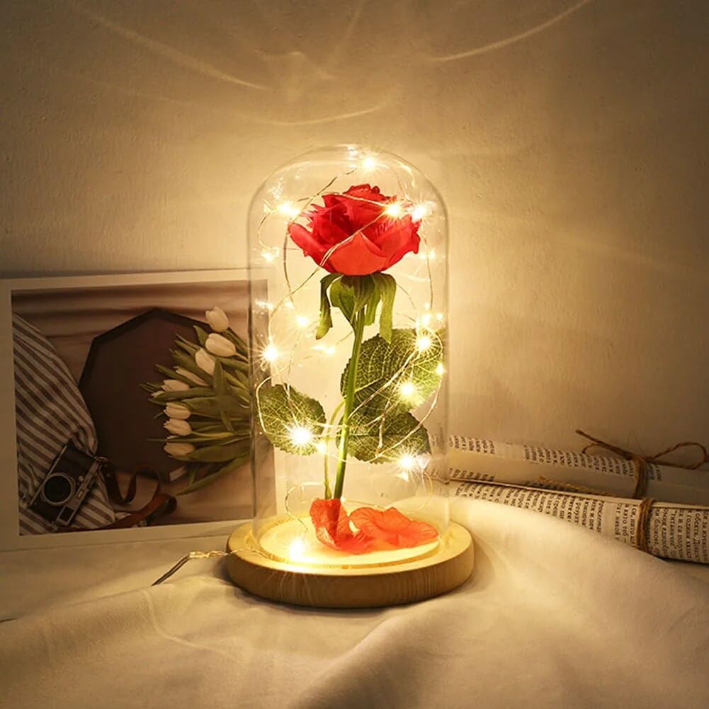 Luminous Rose LED Light in Glass Dome – Romantic Gift for Valentine's, Wedding, or Home Décor