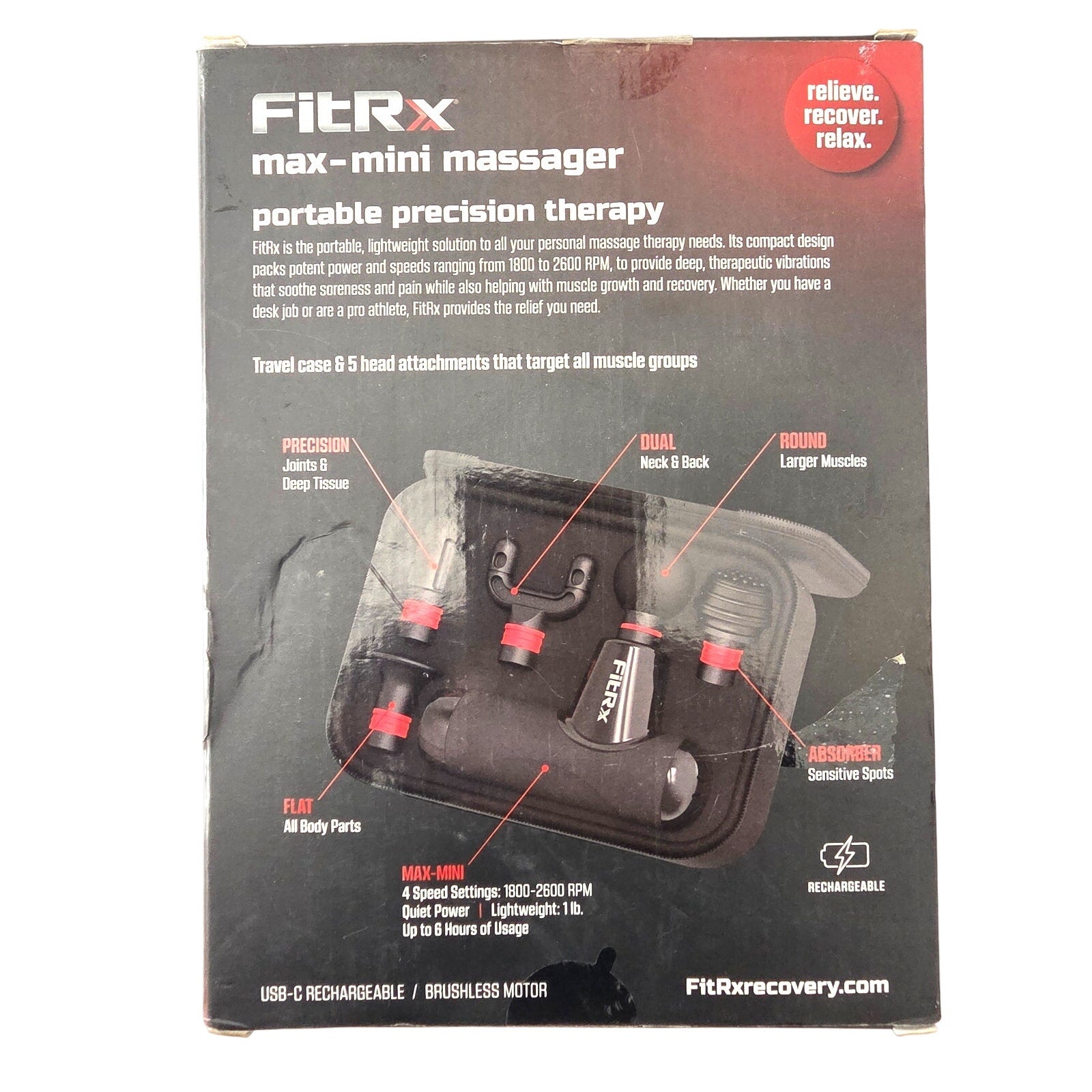 FitRx Max-Mini Percussion Massager Gun with 5 Attachments & Travel Case