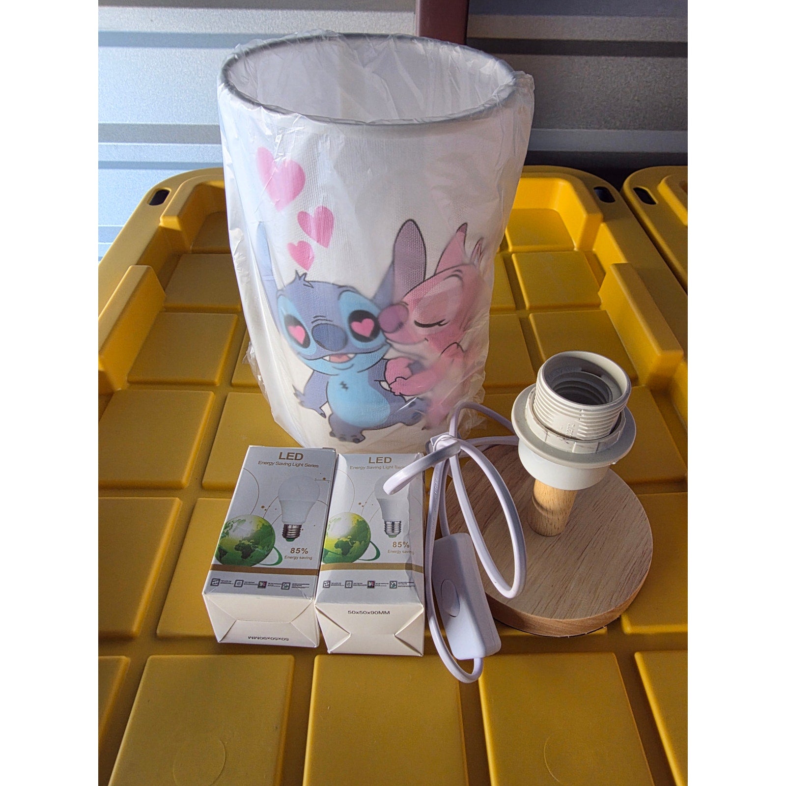 Stitch & Angel Cartoon Table Lamp with Wooden Base + LED Bulbs