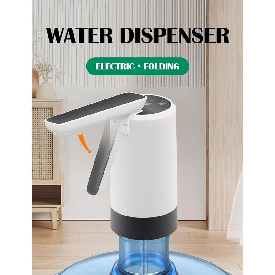 Foldable, automatic, water dispenser pump for universal 5 gallon water bottle with USB port.